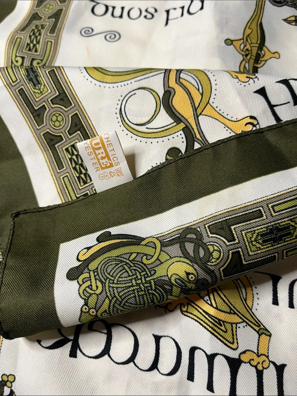 Vintage souvenir scarf Green and Cream Decorative Silk Scarf Table Runner